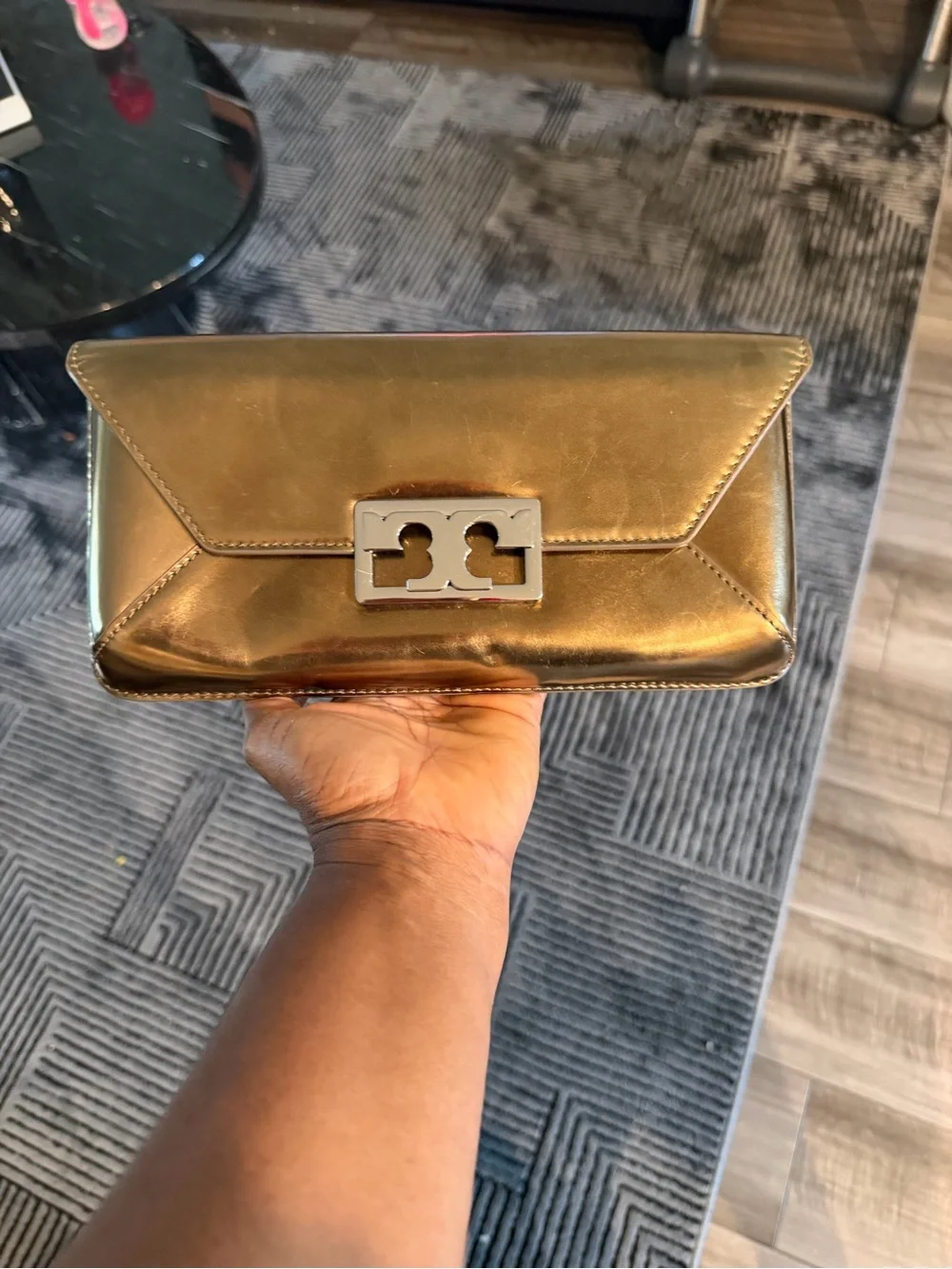 Tory Burch Metallic Gold Envelope Clutch with Logo Turnlock